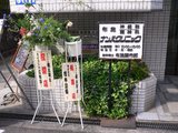 Cafe萌え萌え_建物入り口に置かれたお祝いの花