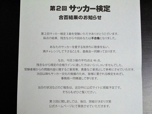 サッカー検定3級合否結果のお知らせ