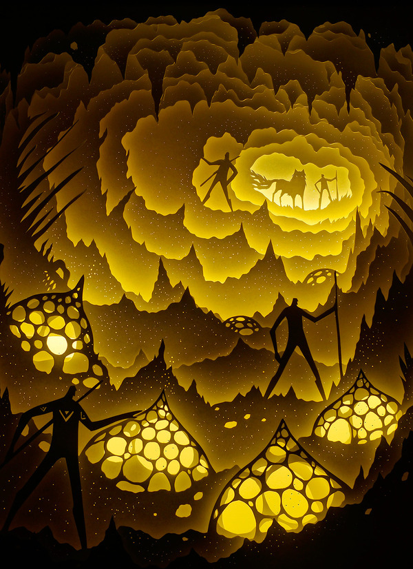 光に照らされる紙のジオラマ 幻想的な架空世界を描くペーパーアート rabbi light