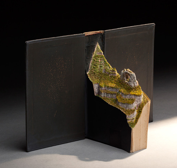 古本を使って制作された野鳥の肖像画と生息地の彫刻 2
