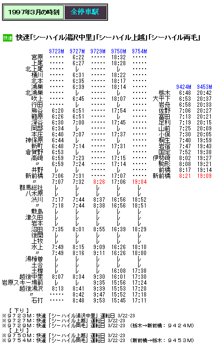 ☆ 97年3月 快速「シーハイル上越／湯沢中里／両毛」の時刻 : Rail