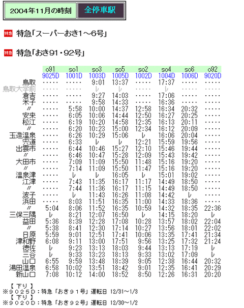 ☆ 2004年 臨時特急「おき91・92号」の時刻 : Rail・Artブログ