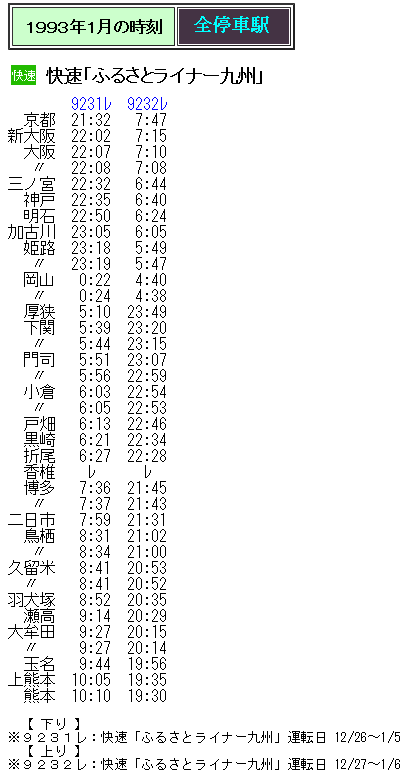 ☆ 1993年1月 快速「ふるさとライナー九州」の時刻 : Rail