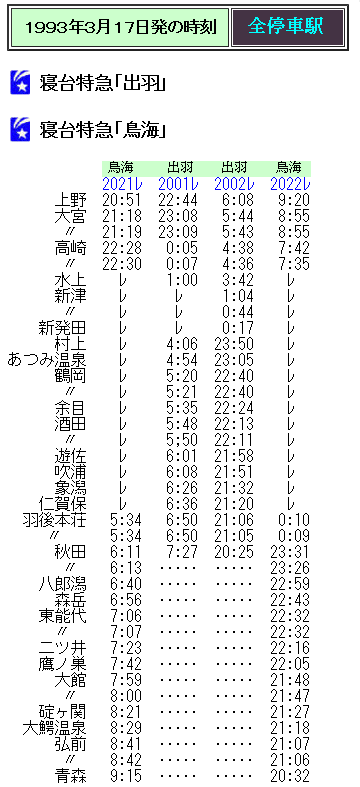 1993年3月 台湾鉄道時刻表 ☆ 93年3月17日発の寝台特急「鳥海」「出羽」の時刻 : Rail