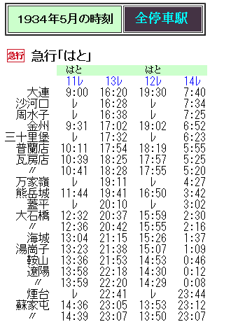 ☆ 1934年5月 南満州鉄道の急行「はと」の時刻 : Rail・Artブログ