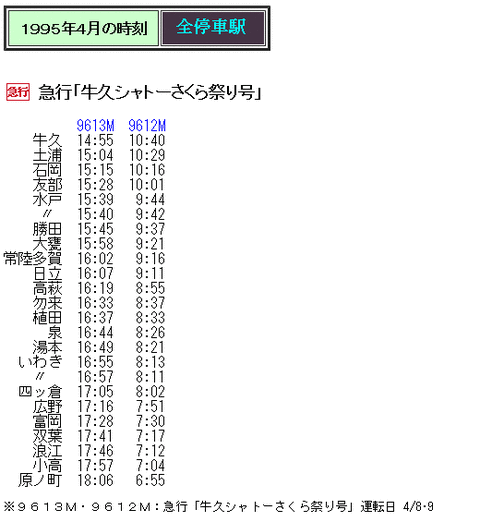 ☆ 1995年春臨 急行「牛久シャトーさくら祭り号」の時刻 : Rail
