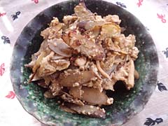 ごぼうと豆腐の花椒味噌炒め