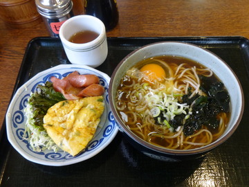 さかゐ食堂@扇町(12)月見そば310おかず大(ハムエッグ)250