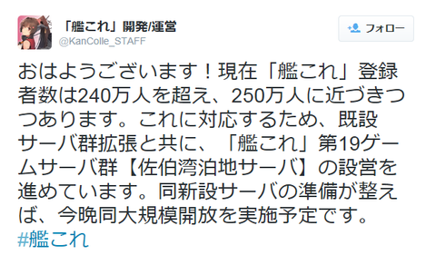 艦これ250万ユーザー突破のツイート