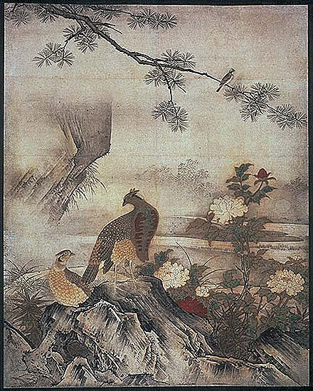 美品 江戸初期1600年頃 額装◆狩野派 狩野永徳 狩野尚信『梅に鳥』扇 大和絵 ー江戸時代初期の初期、日本美術の巨人・狩野永徳ー