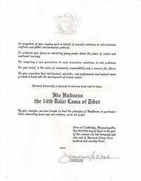 30.4.09ハーバード大学より法王が授与された表彰状