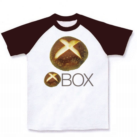【しいたけマニア必須!ゲーム系グッズ?】しいたけボタンシリーズ シイタケBOX(前面大しいたけ、再レイアウトver) ラグランTシャツ(ホワイト×チョコレート)