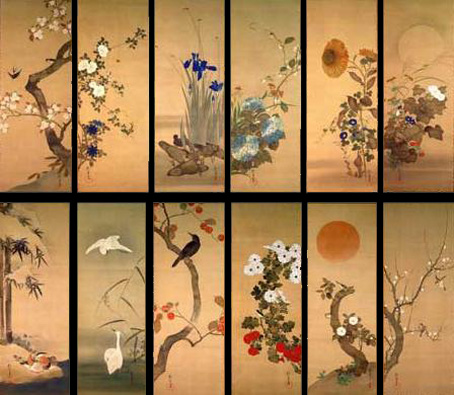 酒井抱一 画 十二ヶ月花鳥図 / 四季 四幅対 酒井抱一 「十二か月花鳥図