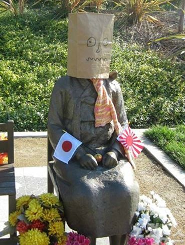 平和の少女像(慰安婦像)に日章旗と旭日旗