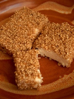 feta saganaki with sesame seeds