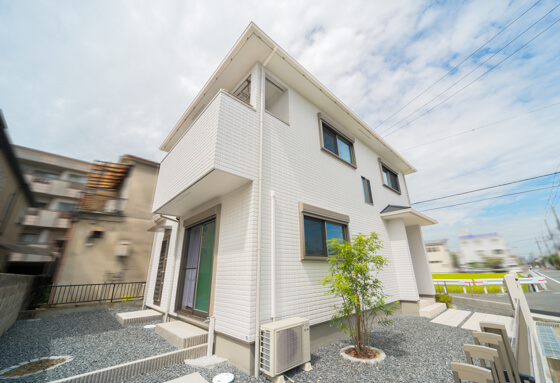 正面にはシンボルツリーとして丈夫で育てやすいシマトネリコを植樹。いまは腰窓にかかった程度の高さですがどんどん成長します。