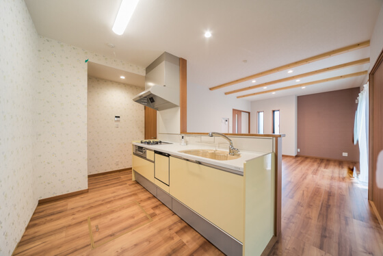 キッチンはトクラス。パステルカラーのアーチ型シンクがトクラスの特徴。