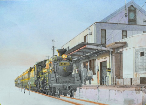 汽車ぽっぽ（鉛筆画「朝日に輝く天浜線知波田駅とC58」経過報告-4