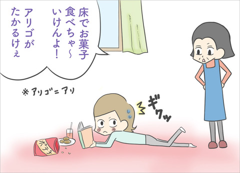 「床でお菓子食べちゃーいけんよ、アリゴがたかるけー」と母に注意される