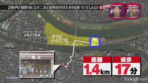 コンビニ徒歩10分以上のランキング 第一位 足立区1丁目