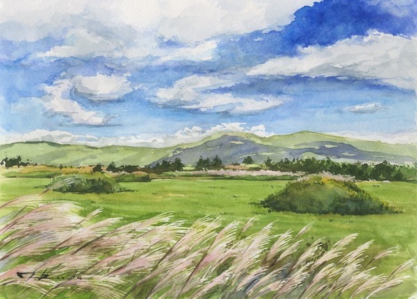 水彩画・甲斐駒ヶ岳を望むススキ野原・原画 甲斐駒ヶ岳 | 山の絵つなぐサイトbyjRO