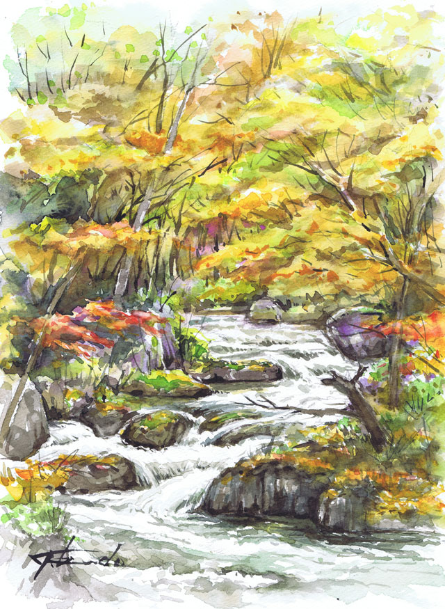 絵画「渓流の釣り」　水彩画 渓流の釣り」 水彩画