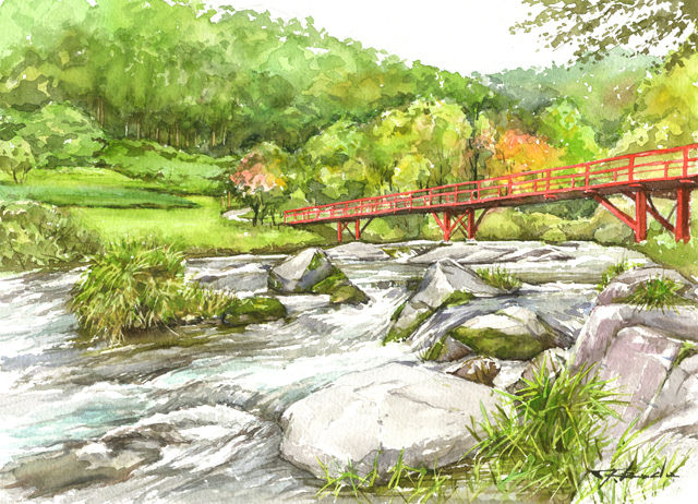 絵画「朝霧晴れて～ 飛騨川の清流」　水彩画 絵画「飛騨川のあさぎり橋」 水彩画 - メルカリ
