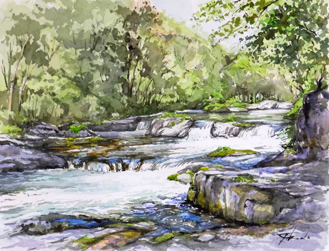 絵画「渓流の釣り」　水彩画 絵画「渓流の釣り」水彩画