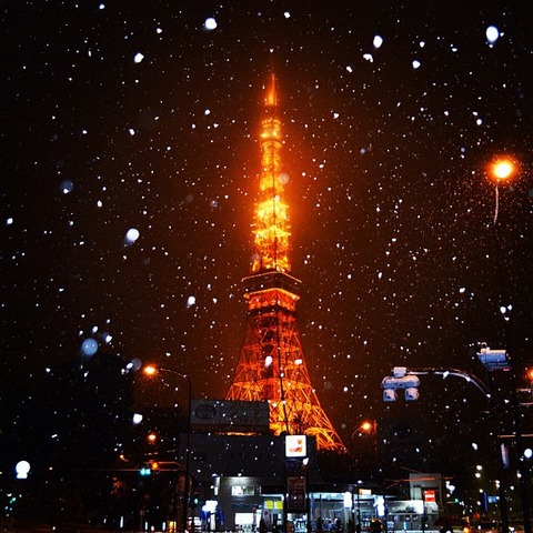 雪が降る中のライトアップされた東京タワー、日本ではないみたいな風景 