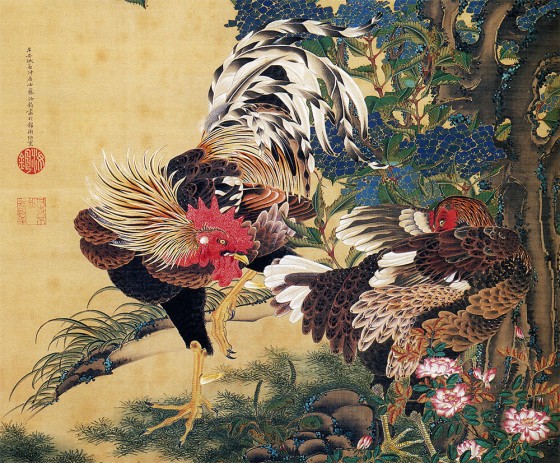 紫陽花双鶏図/伊藤若冲