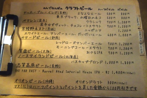 クラフトビール メニュー