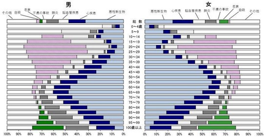 性・年齢階級別にみた主な死因の構成割合