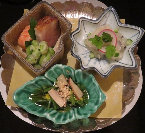 松茸・氷頭なます・合鴨茜煮・枝豆掻き揚げ・海老黄身寿司(なだ万)