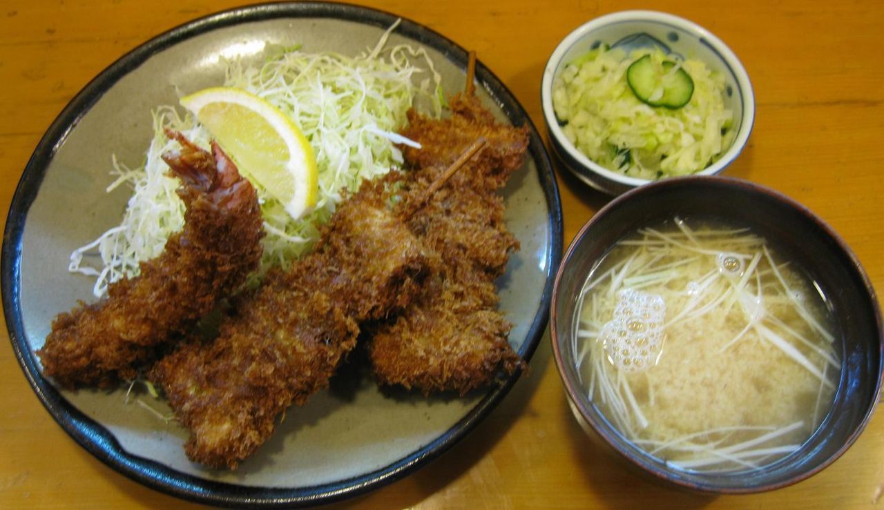 串かつ定食+エビフライ1本