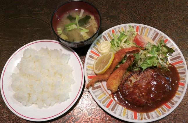 ハンバーグ・エビフライ+ライス+味噌汁