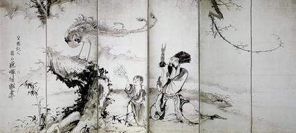 塞翁飼馬・蕭史吹笙図屏風(左隻)