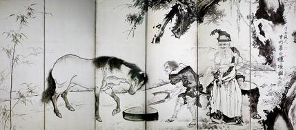 塞翁飼馬・蕭史吹笙図屏風(右隻)
