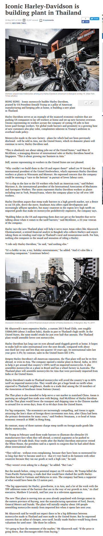 Harley-Davidson is building plant in Thailand