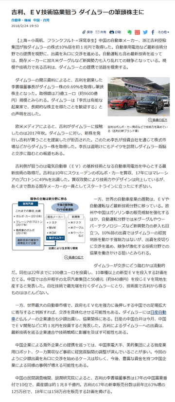 吉利、EV技術協業狙う ダイムラーの筆頭株主に :日本経済新聞