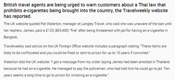 Travel agents warn of Thai e-cig import ban
