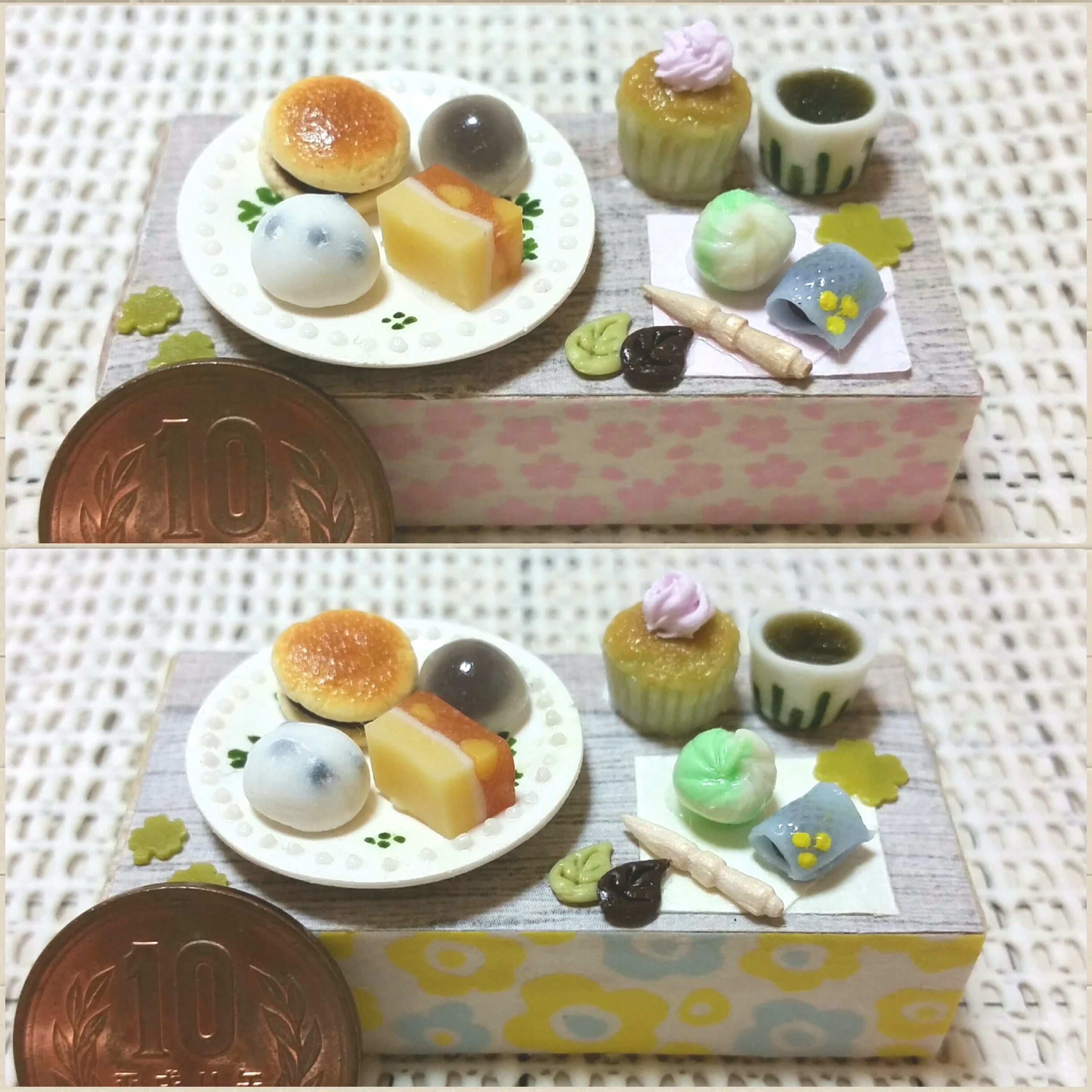 ミニチュアフード,甘味セット,和菓子,樹脂粘土,ドール用小物,栗羊羮