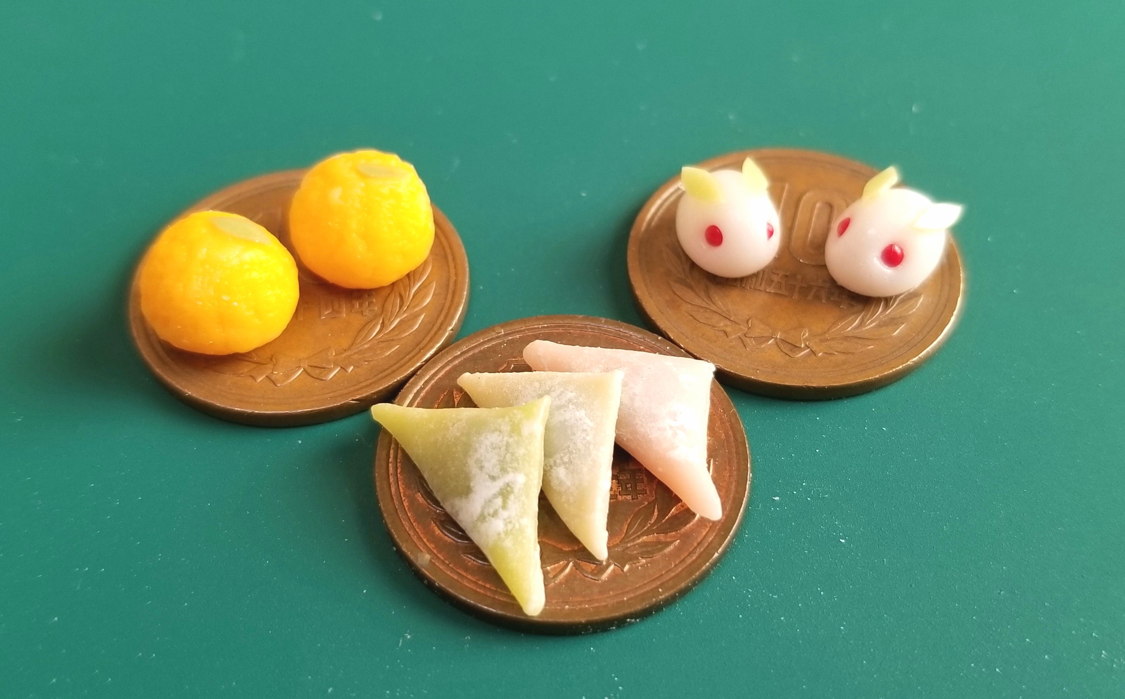 ミニチュアフード,和菓子,八ツ橋,うさぎ饅頭,夏みかん大福,樹脂粘土