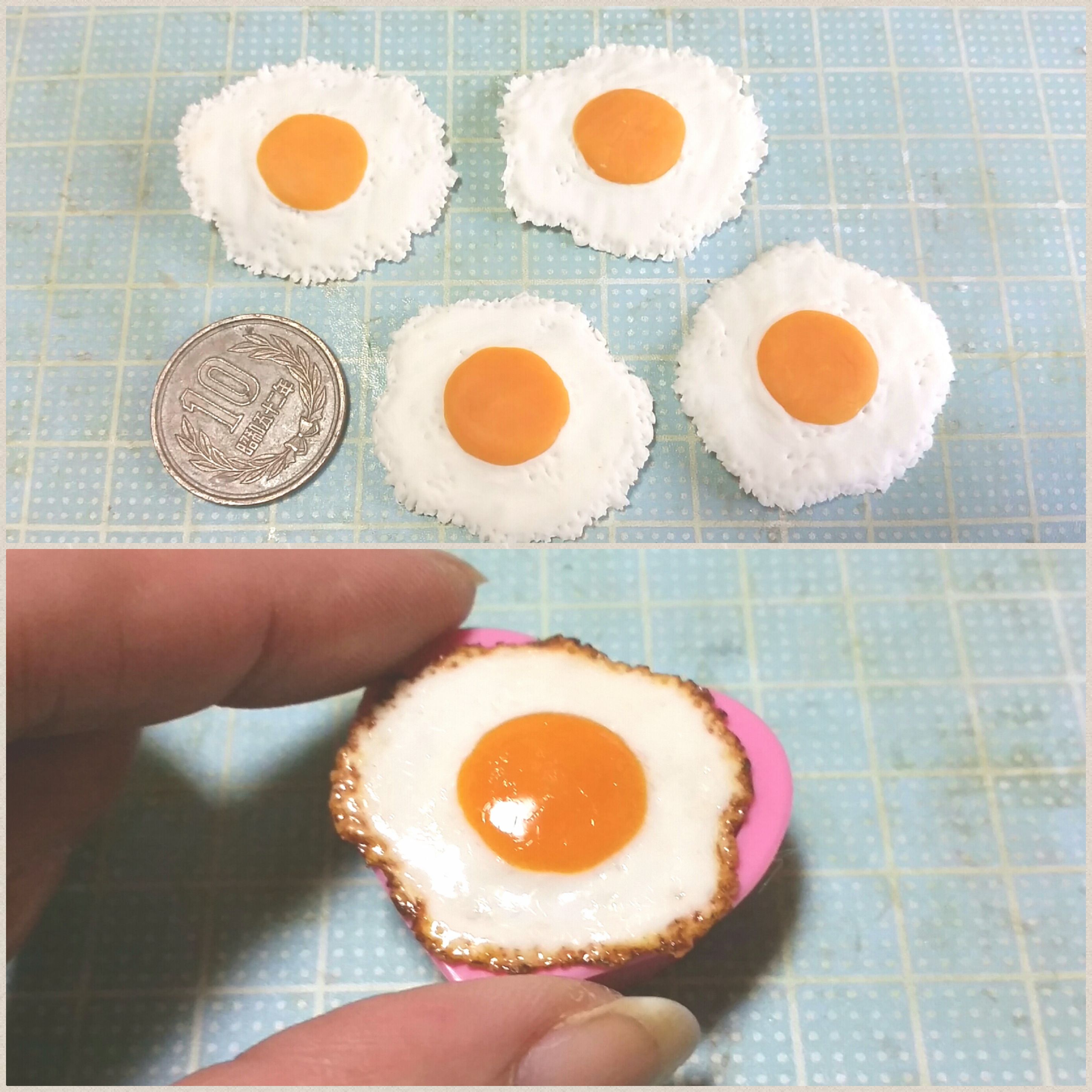 ミニチュアフード,リアルな目玉焼き,樹脂粘土,人気画像,よもぎブログ