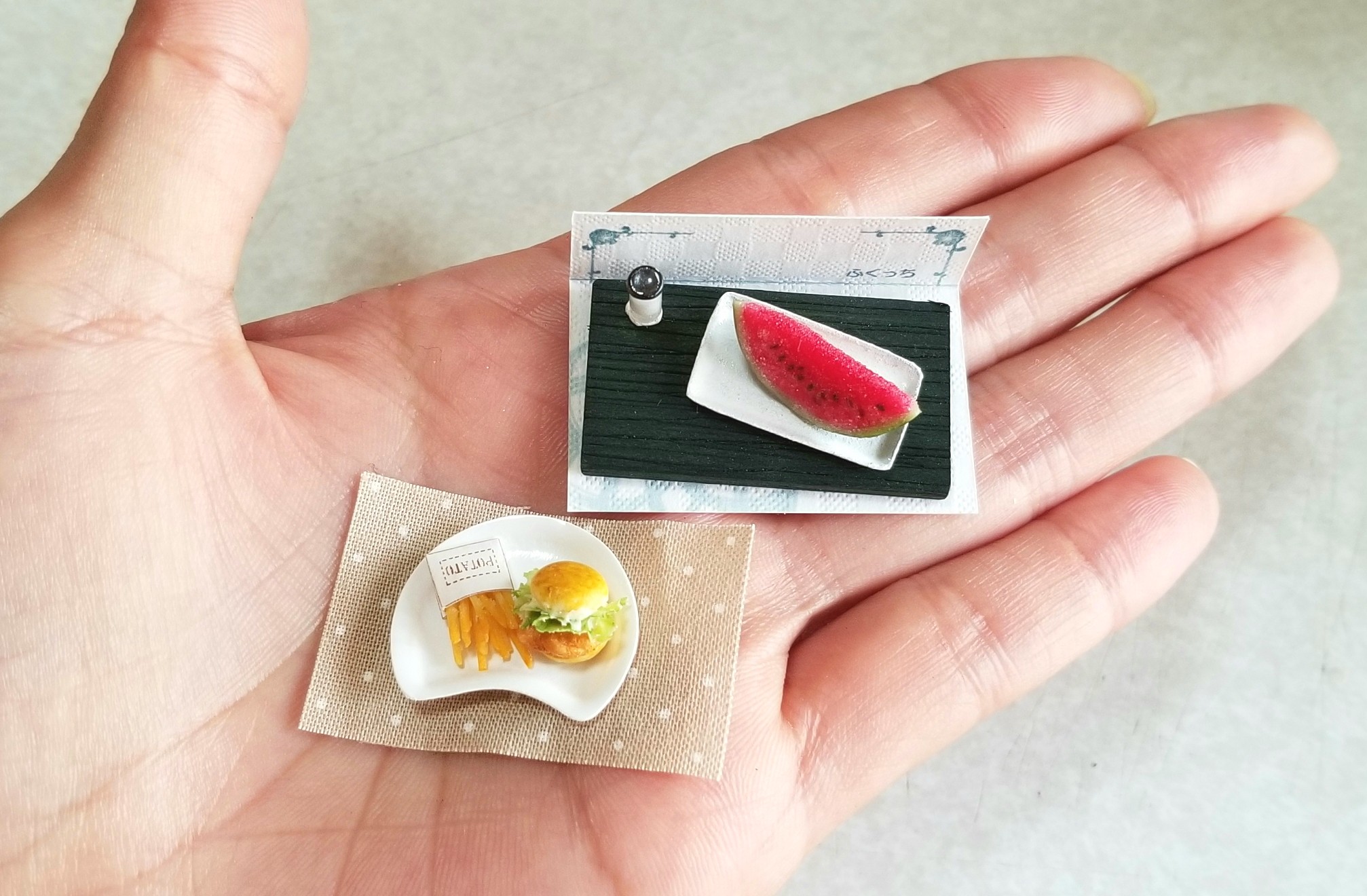 ミニチュア, ハンバーガー, すいか, 樹脂粘土, ふくっち, 塩
