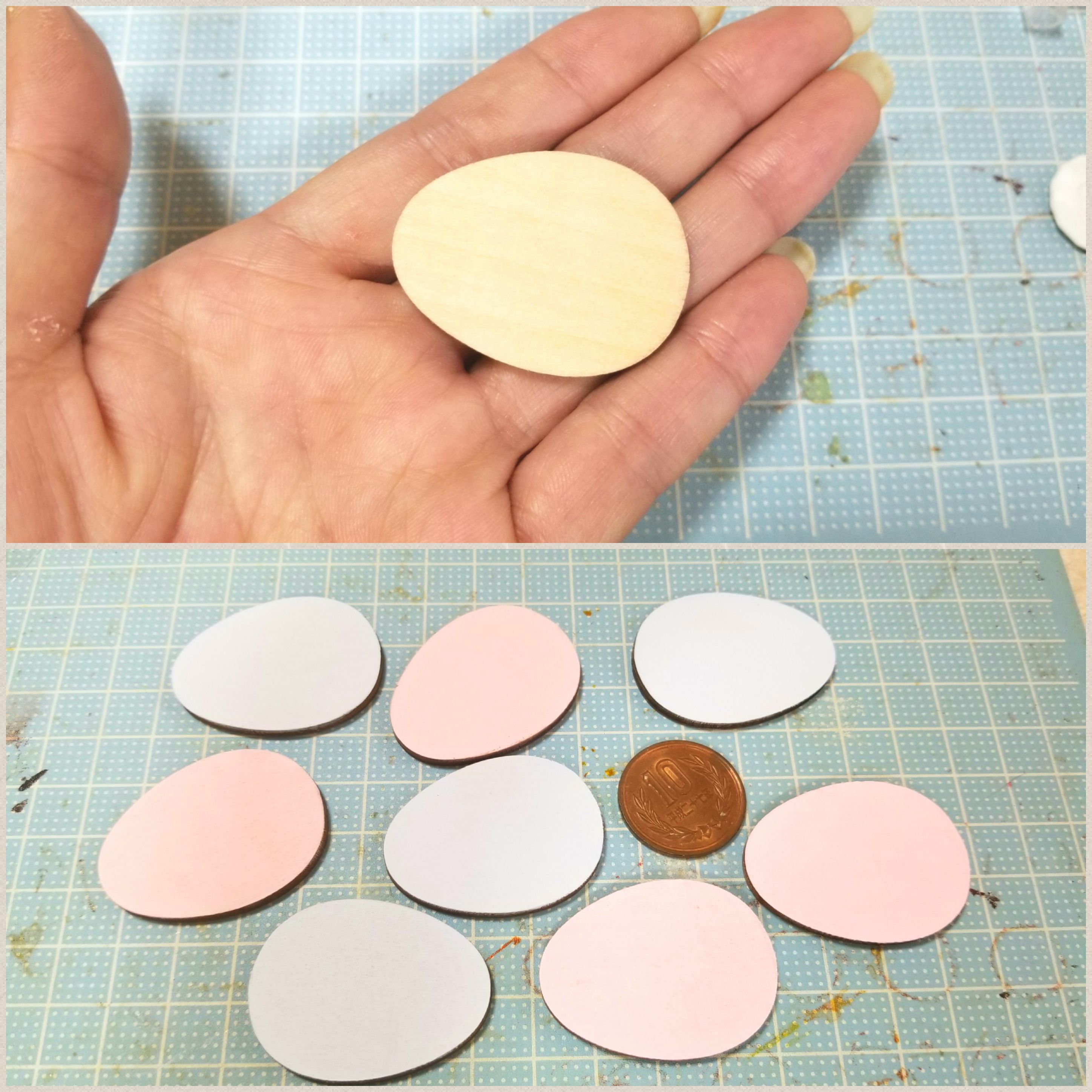 ミニチュア,木製プレート土台作り,たまご型,おすすめよもぎブログ