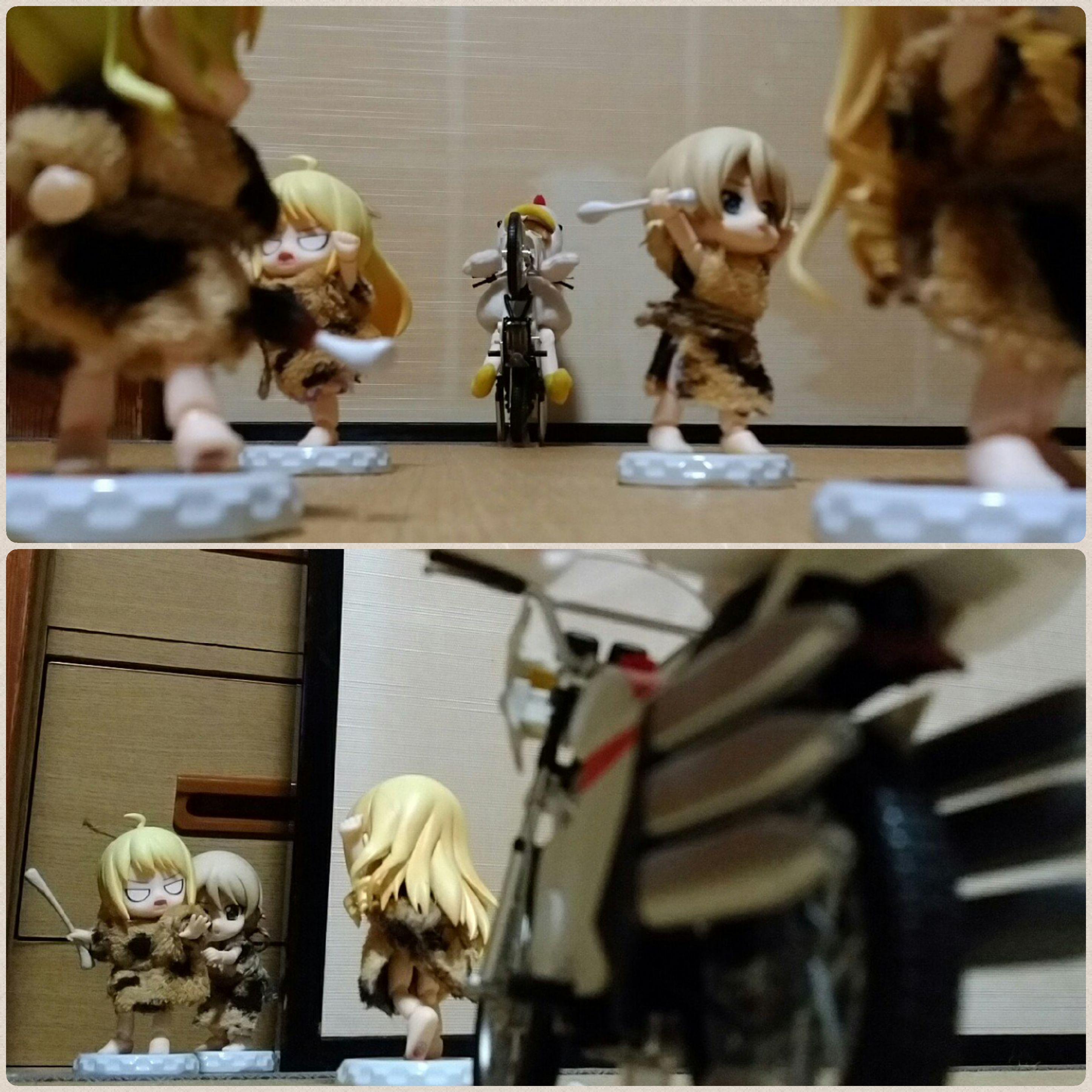 おもしろい原始人達の物語,キューポッシュ,ドール遊び,逃げまどう姿