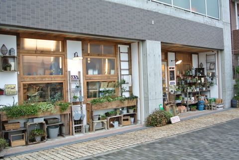 京都府八幡市のナチュラル雑貨のお店オルネの外観。お店の外にはブリキ雑貨や多肉植物などのナチュラルガーデンアイテムが陳列されていて、外観からもお店の雰囲気が伝わります。