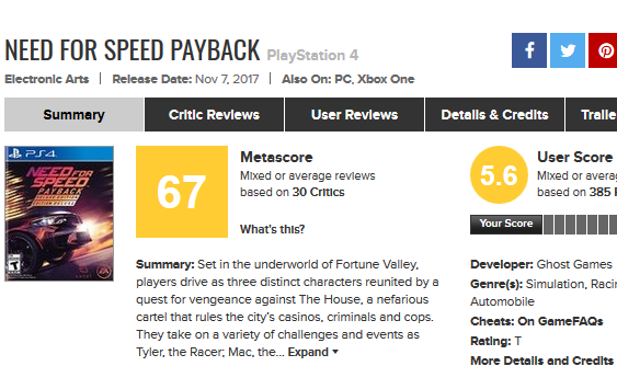 Need for Speed Payback for PlayStation 4