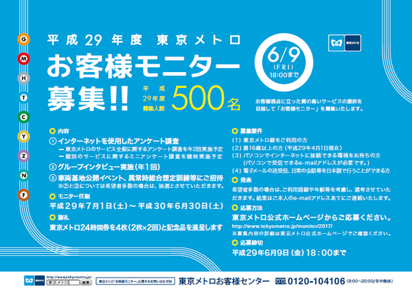 東京メトロ、7月から1年間「お客様モニター」を500名募集！