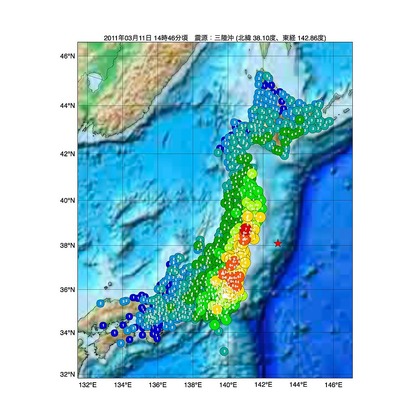 東日本大震災の震源マップ